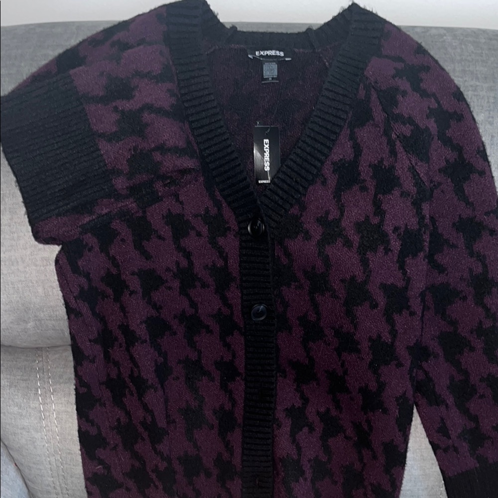 Express Purple and Black Houndstooth Cardigan